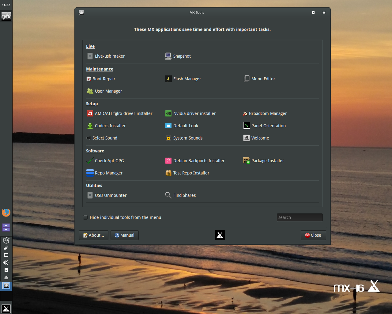 MX Linux desktop screenshot: 16 mxtools