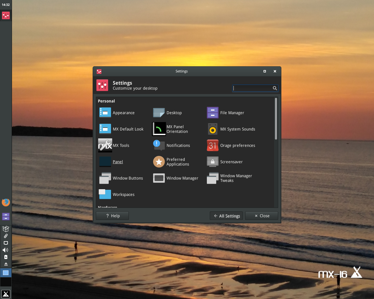 MX Linux desktop screenshot: 16 settings