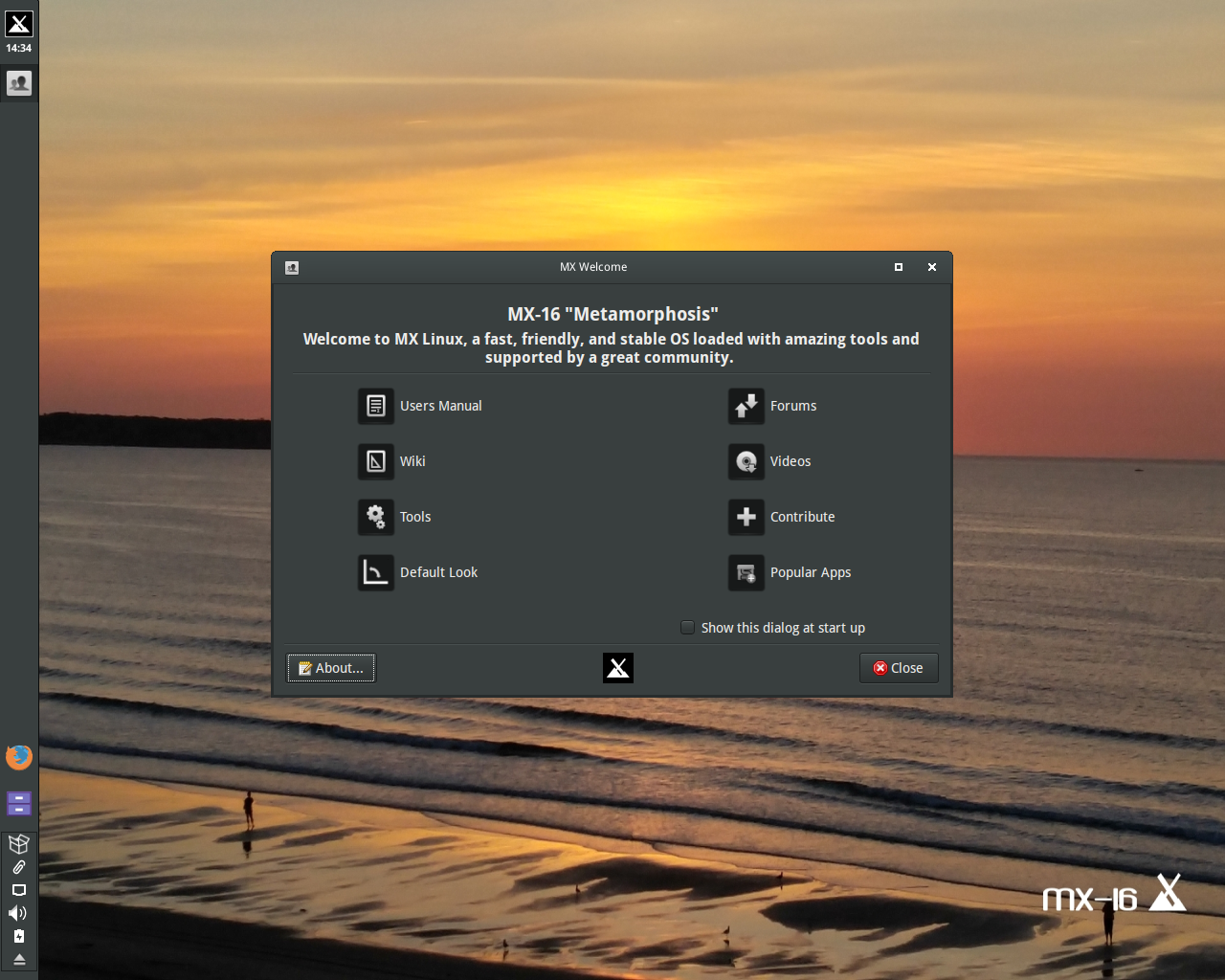 MX Linux desktop screenshot: 16 welcome