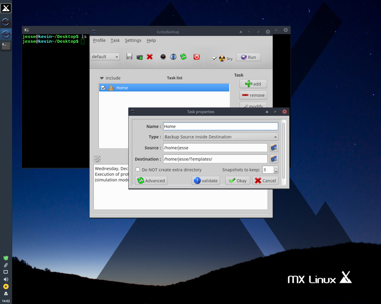 MX Linux desktop screenshot: 17 backup