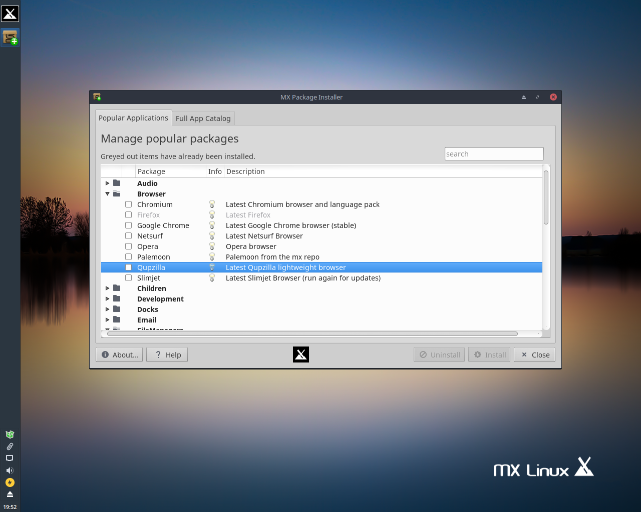 MX Linux desktop screenshot: 17 packages