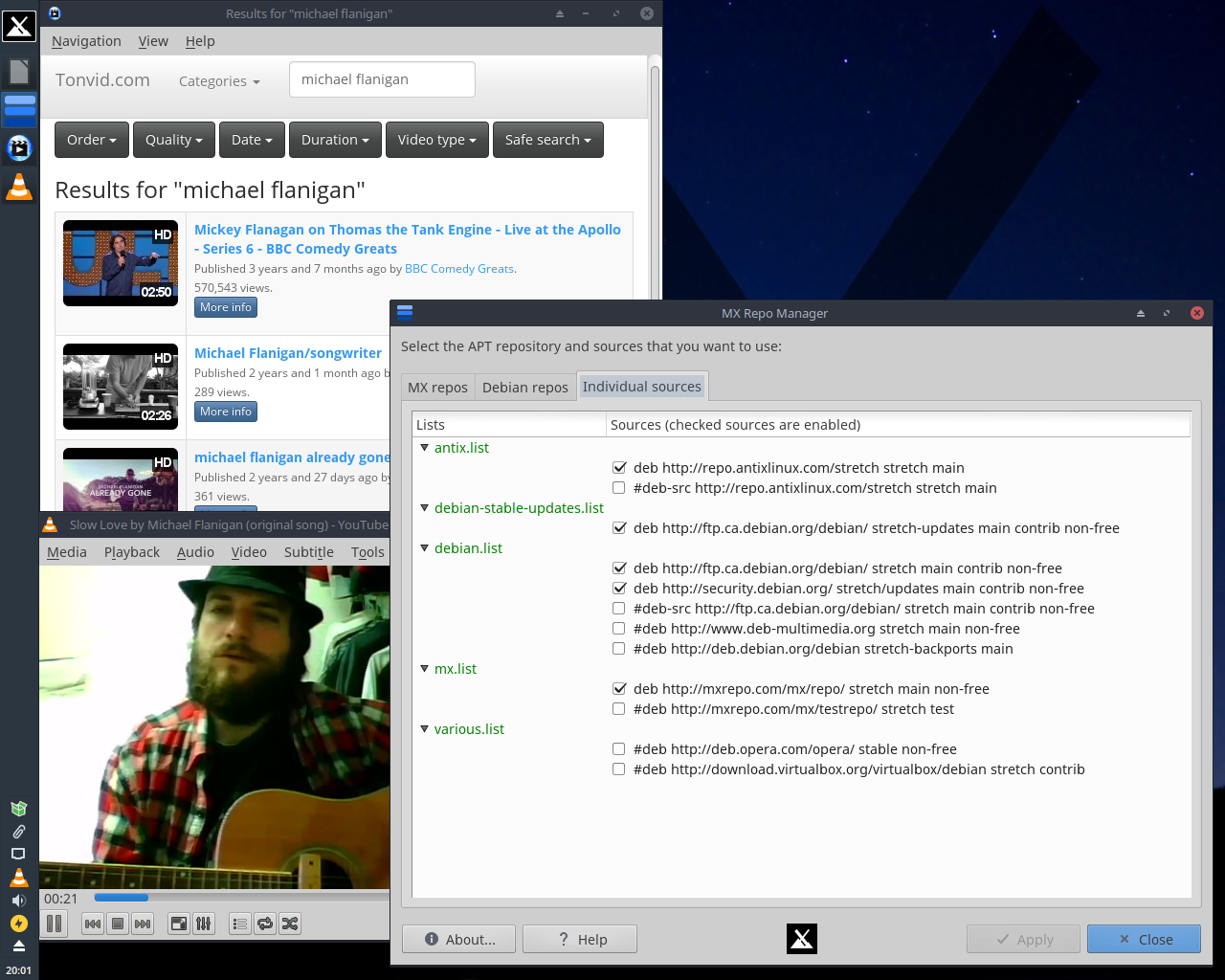 MX Linux desktop screenshot: 17 sources