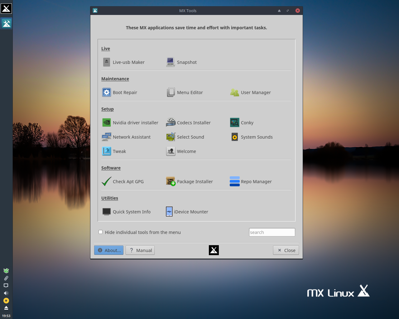 MX Linux desktop screenshot: 17 tools