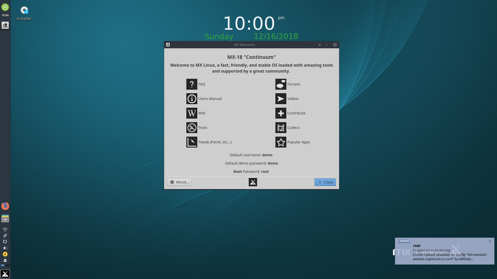 MX Linux desktop screenshot: 18 rc1