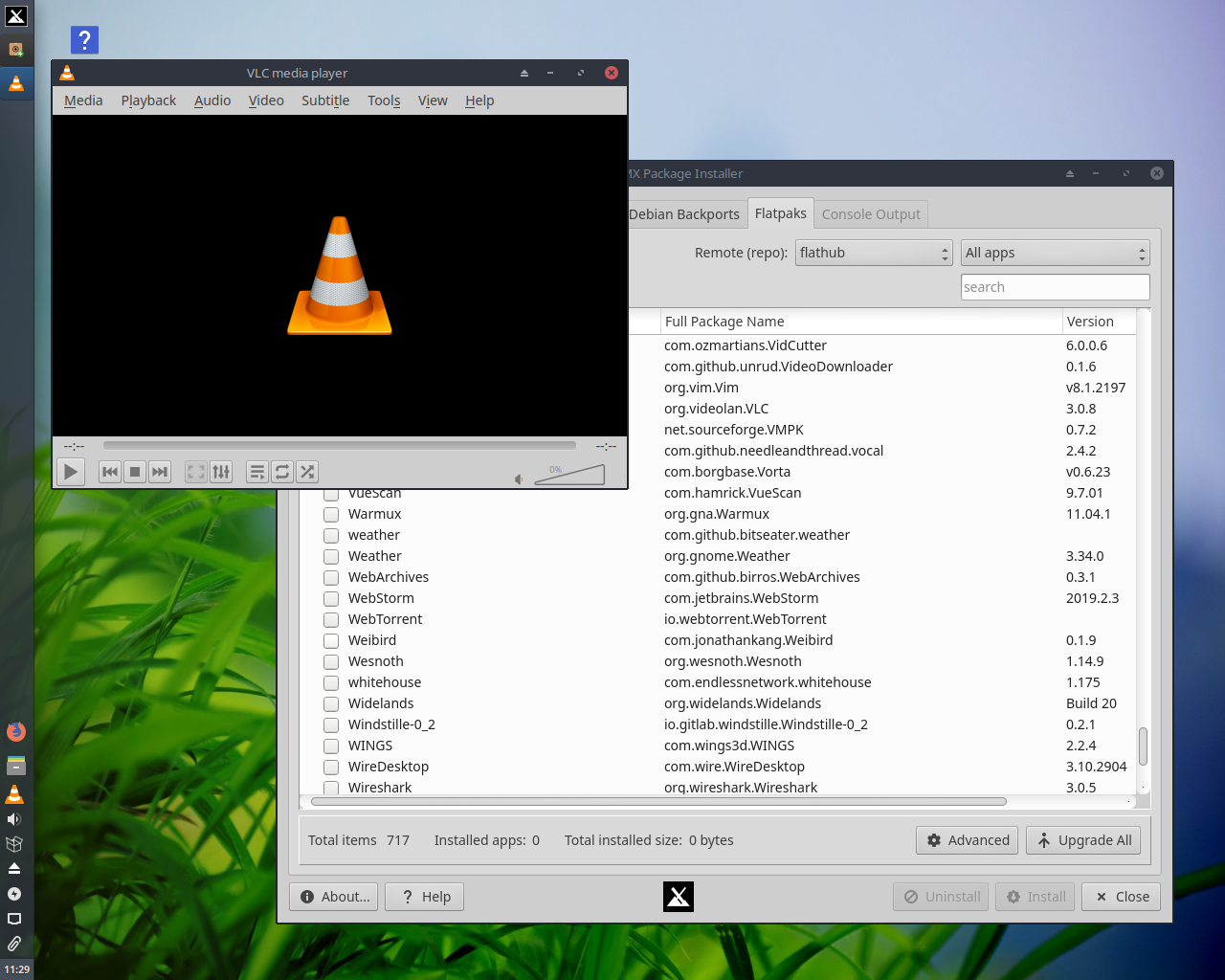 MX Linux desktop screenshot: 19 flatpak