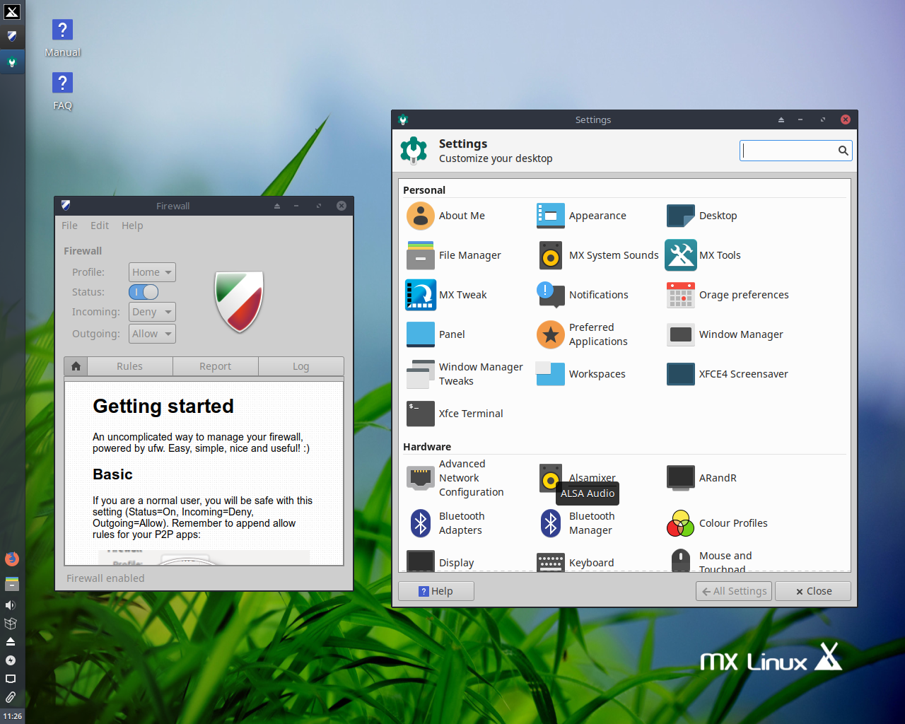 MX Linux desktop screenshot: 19 settings