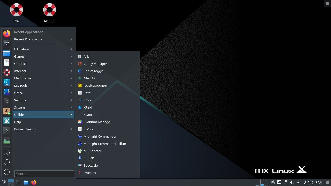 MX Linux desktop screenshot: 19.2 plasma menu