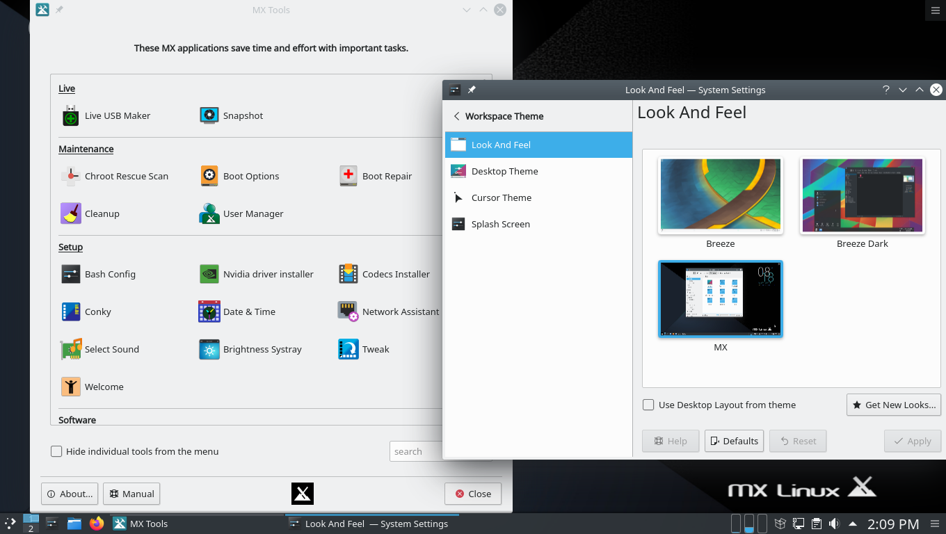 MX Linux desktop screenshot: 19.2 plasma settings