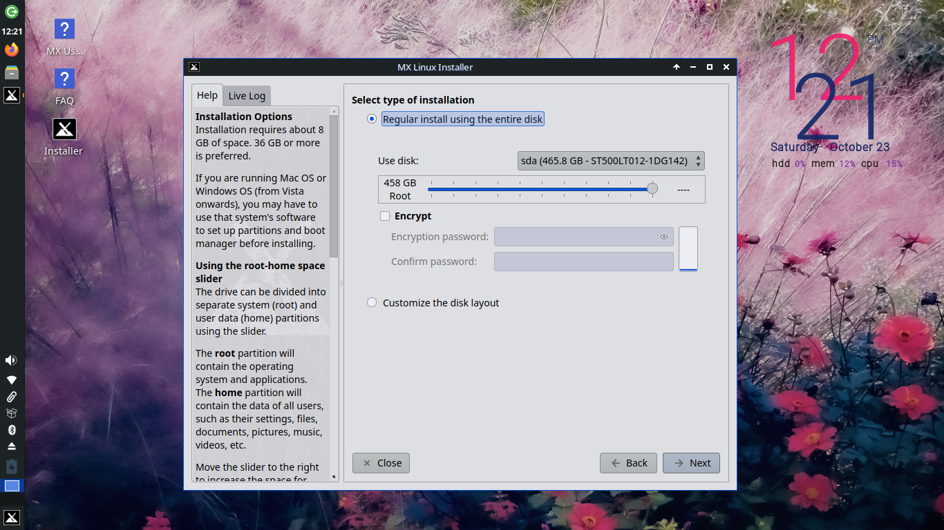 MX Linux desktop screenshot: 21 install
