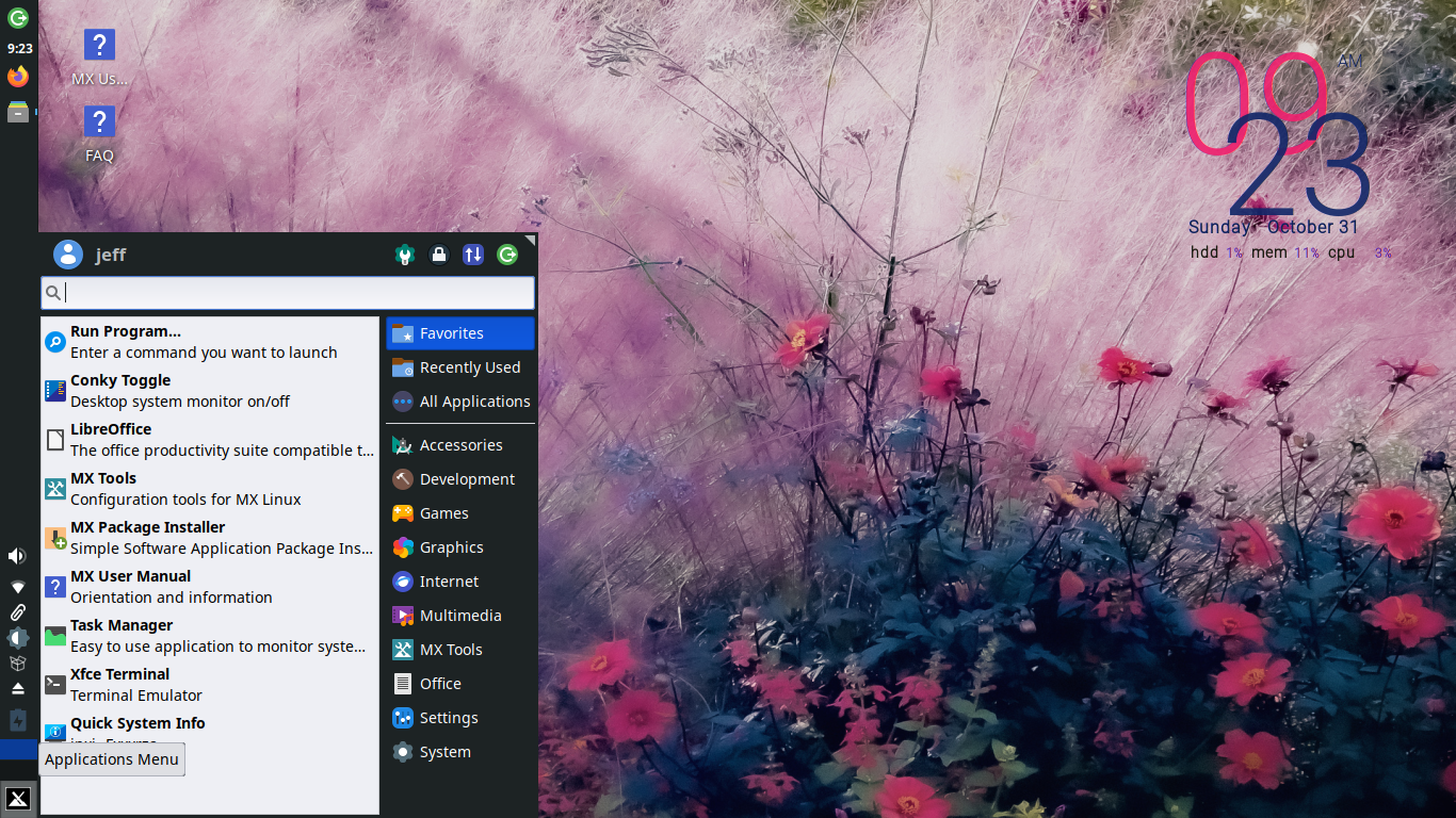 MX Linux desktop screenshot: 21 menu
