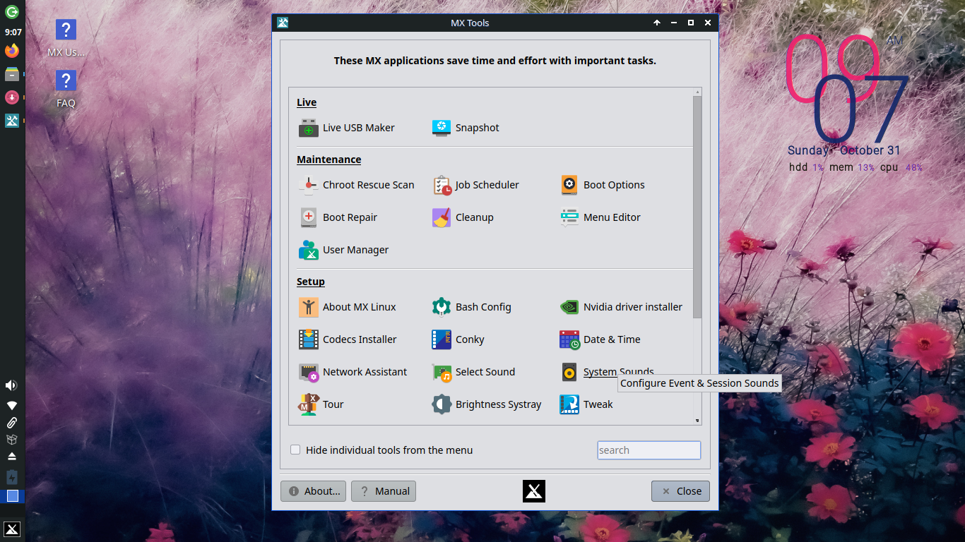 MX Linux desktop screenshot: 21 mxtools