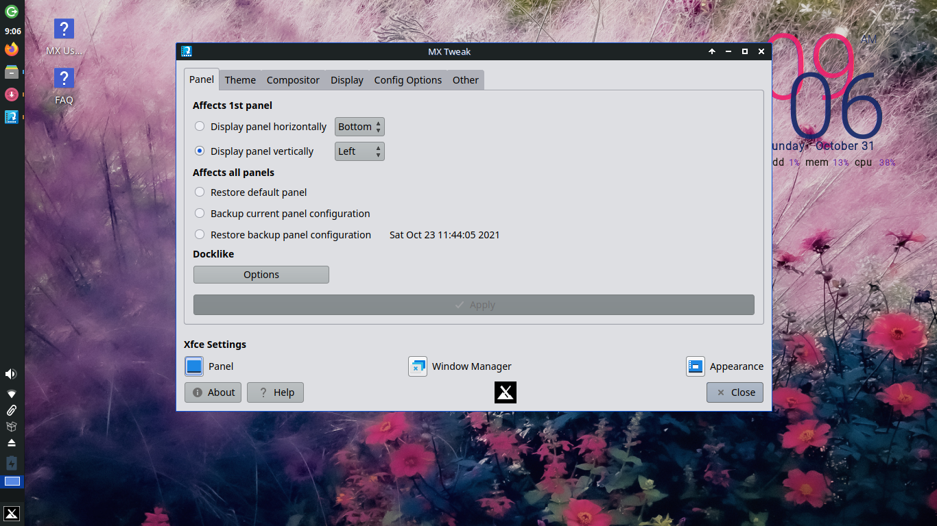 MX Linux desktop screenshot: 21 mxtweak