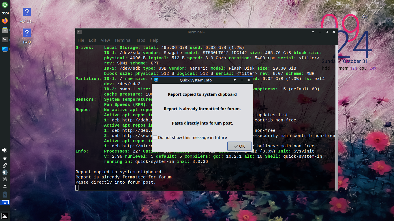 MX Linux desktop screenshot: 21 system