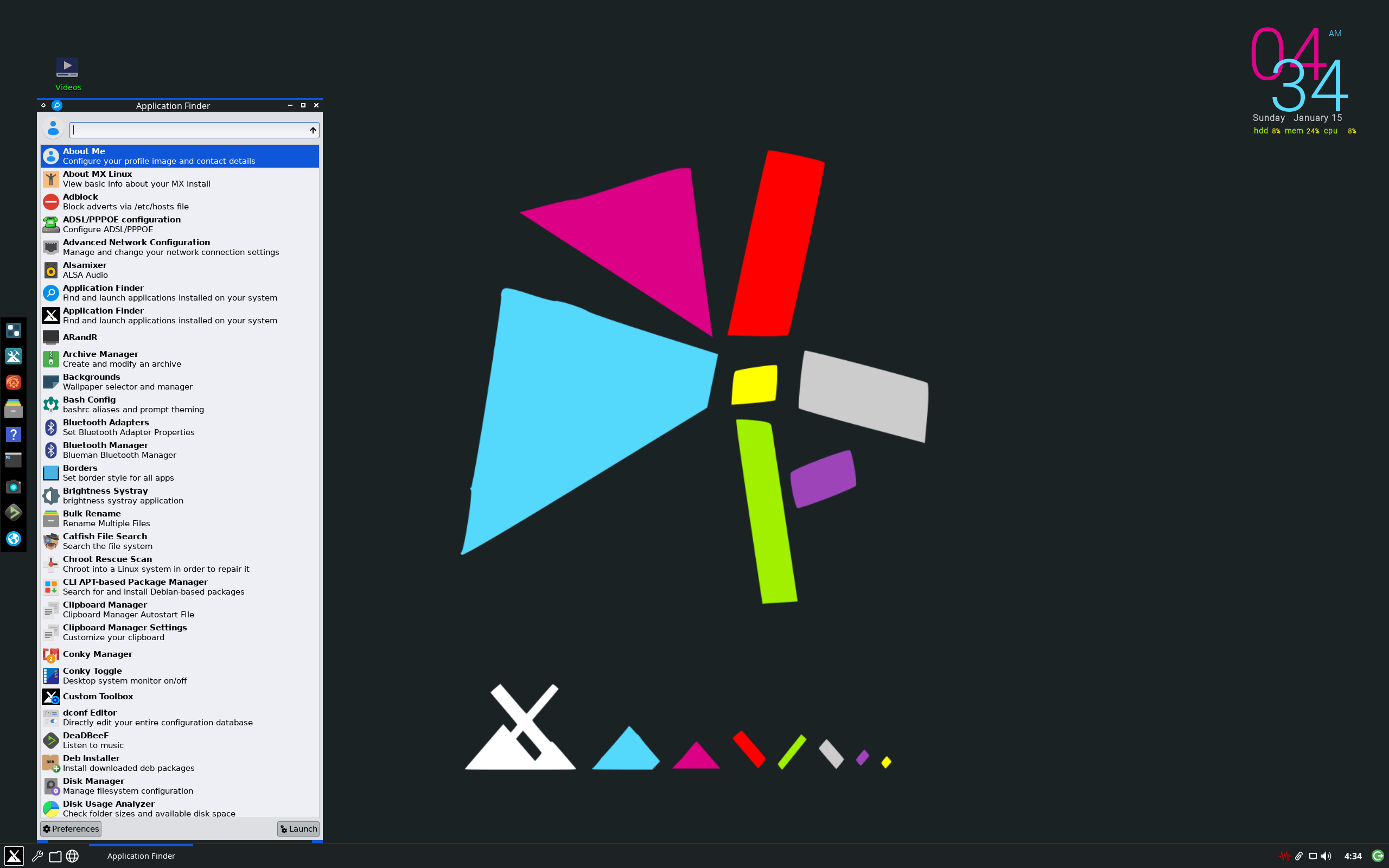 MX Linux desktop screenshot: 21.3 fluxbox