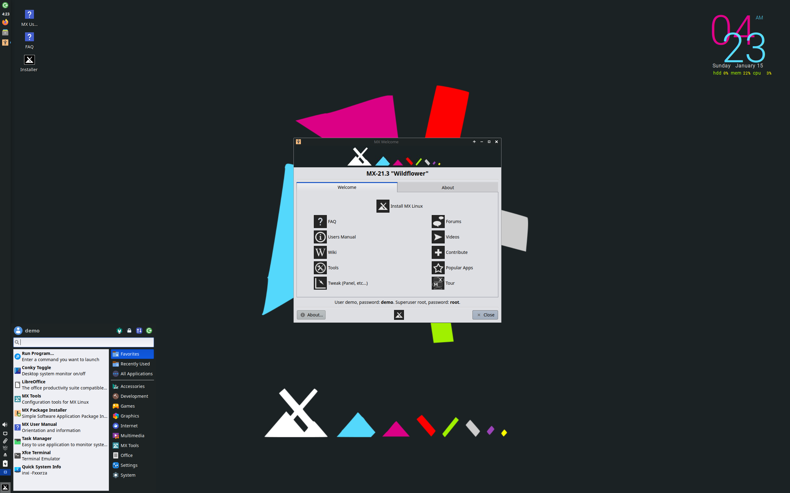 MX Linux desktop screenshot: 21.3