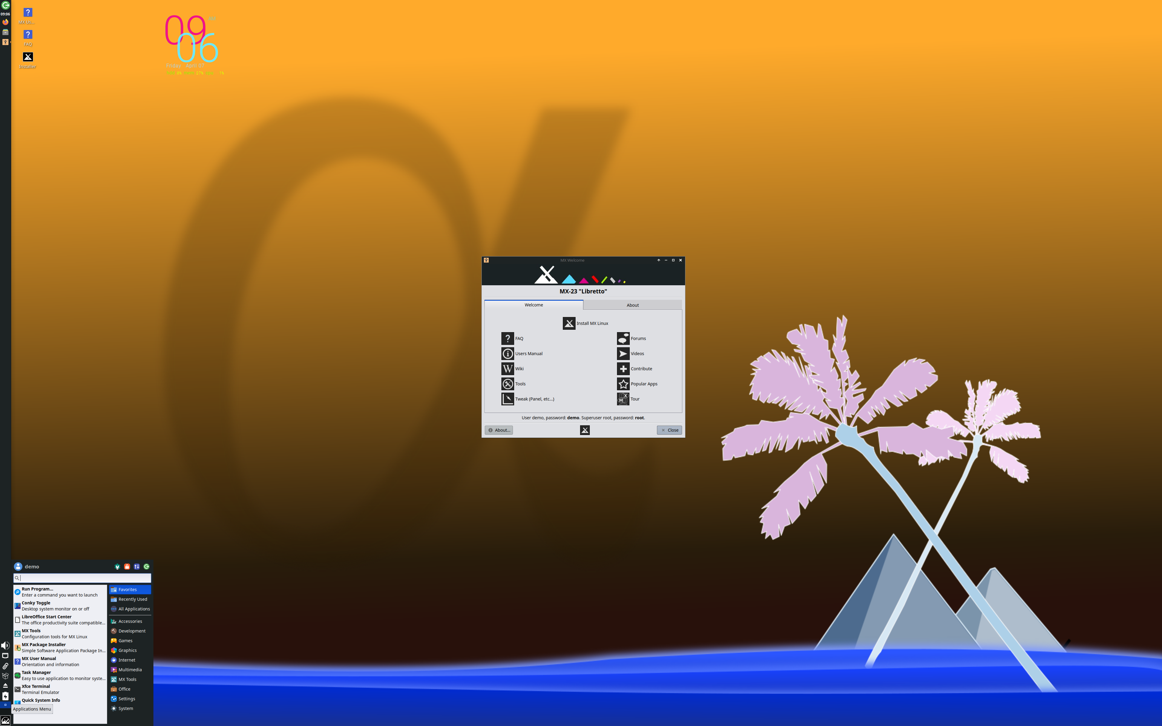 MX Linux desktop screenshot: 23 alpha2