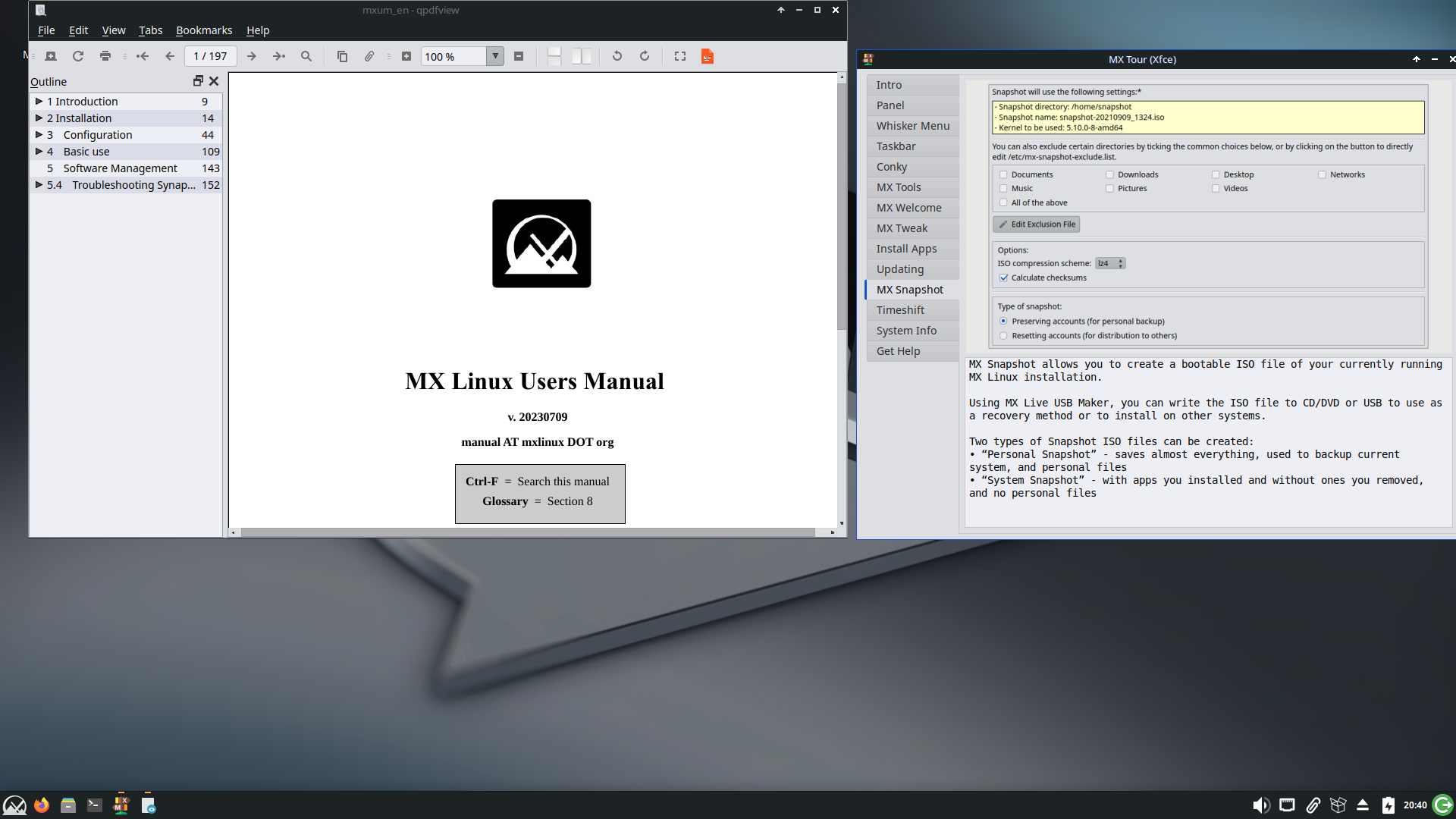 MX Linux desktop screenshot: 23 manual tour