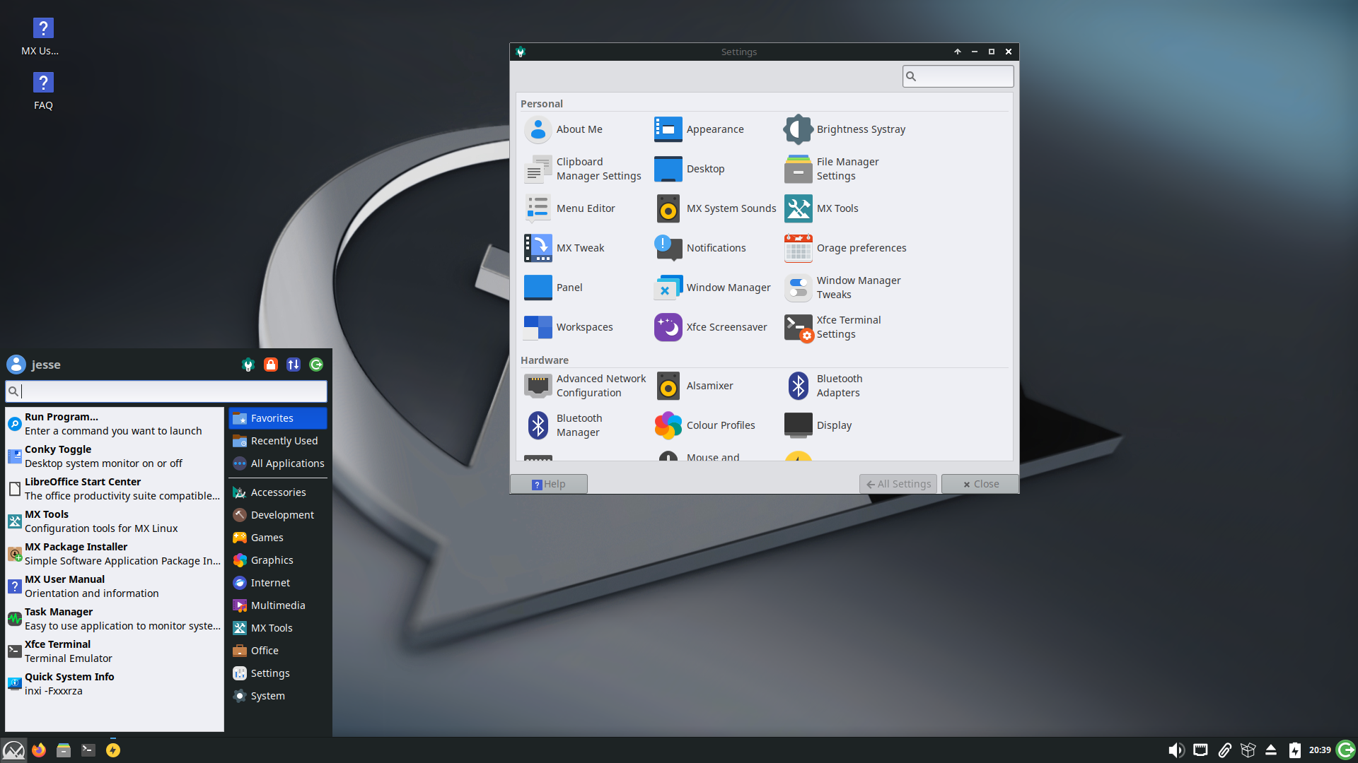 MX Linux desktop screenshot: 23 menu settings