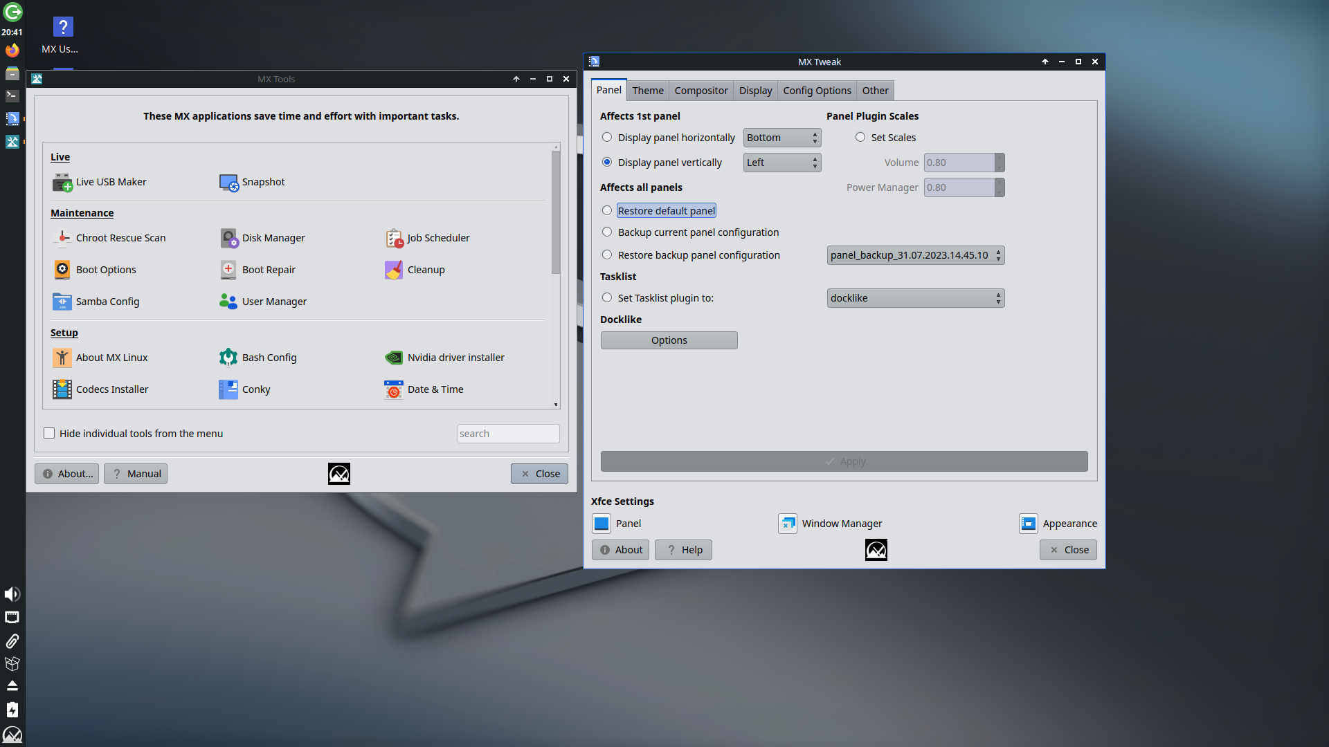 MX Linux desktop screenshot: 23 tweak tools