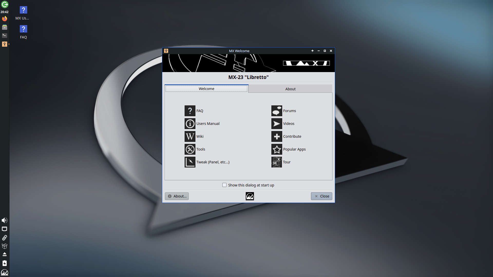 MX Linux desktop screenshot: 23 welcome