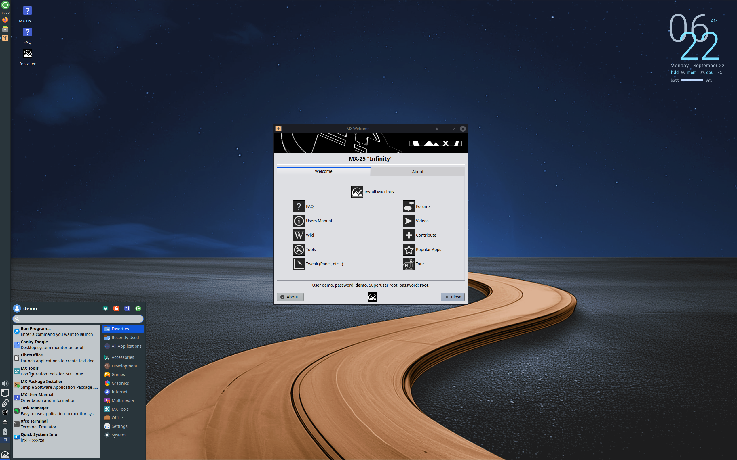 MX Linux desktop screenshot: 25 beta1