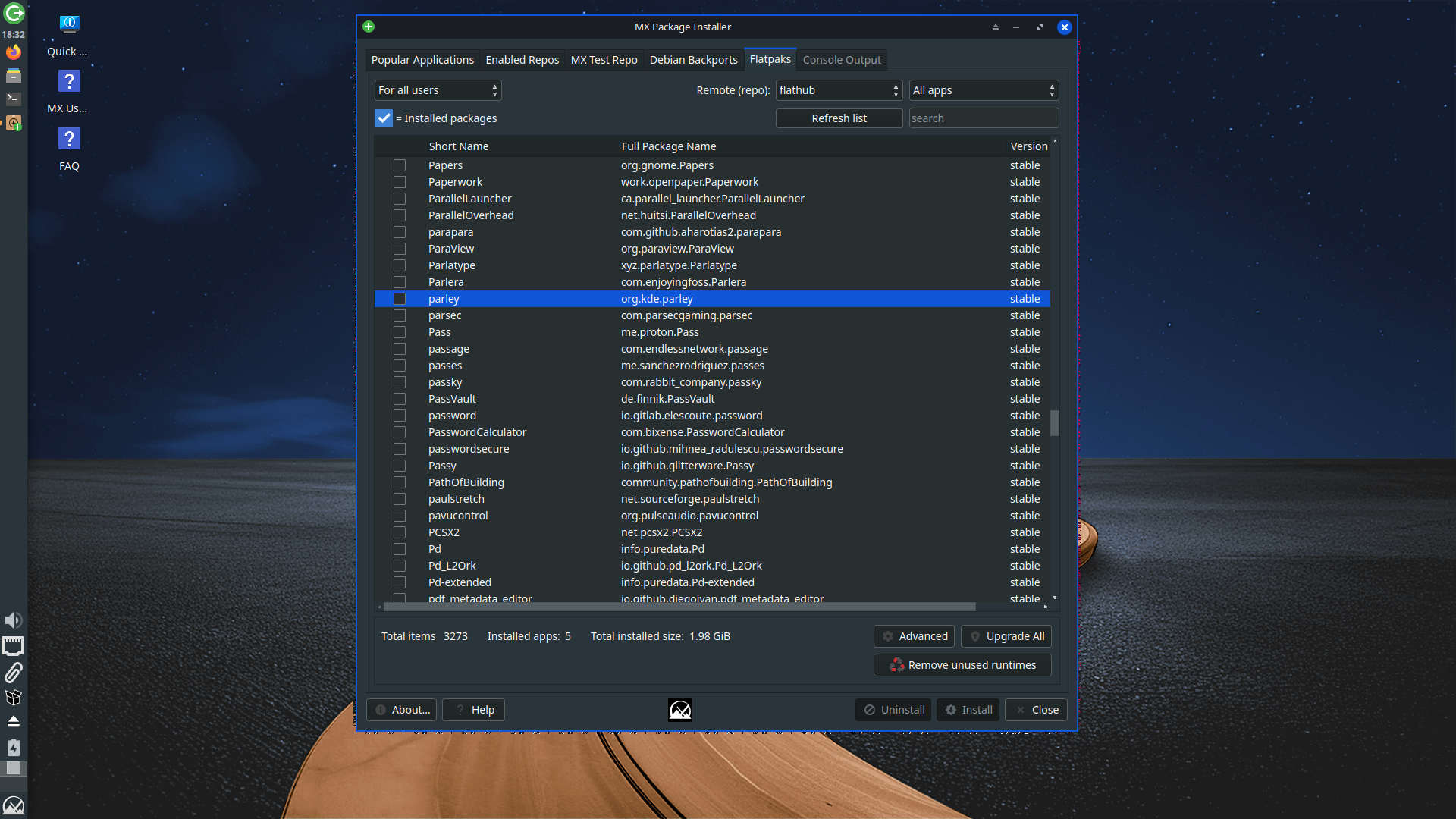 MX Linux desktop screenshot: 25 flatpak