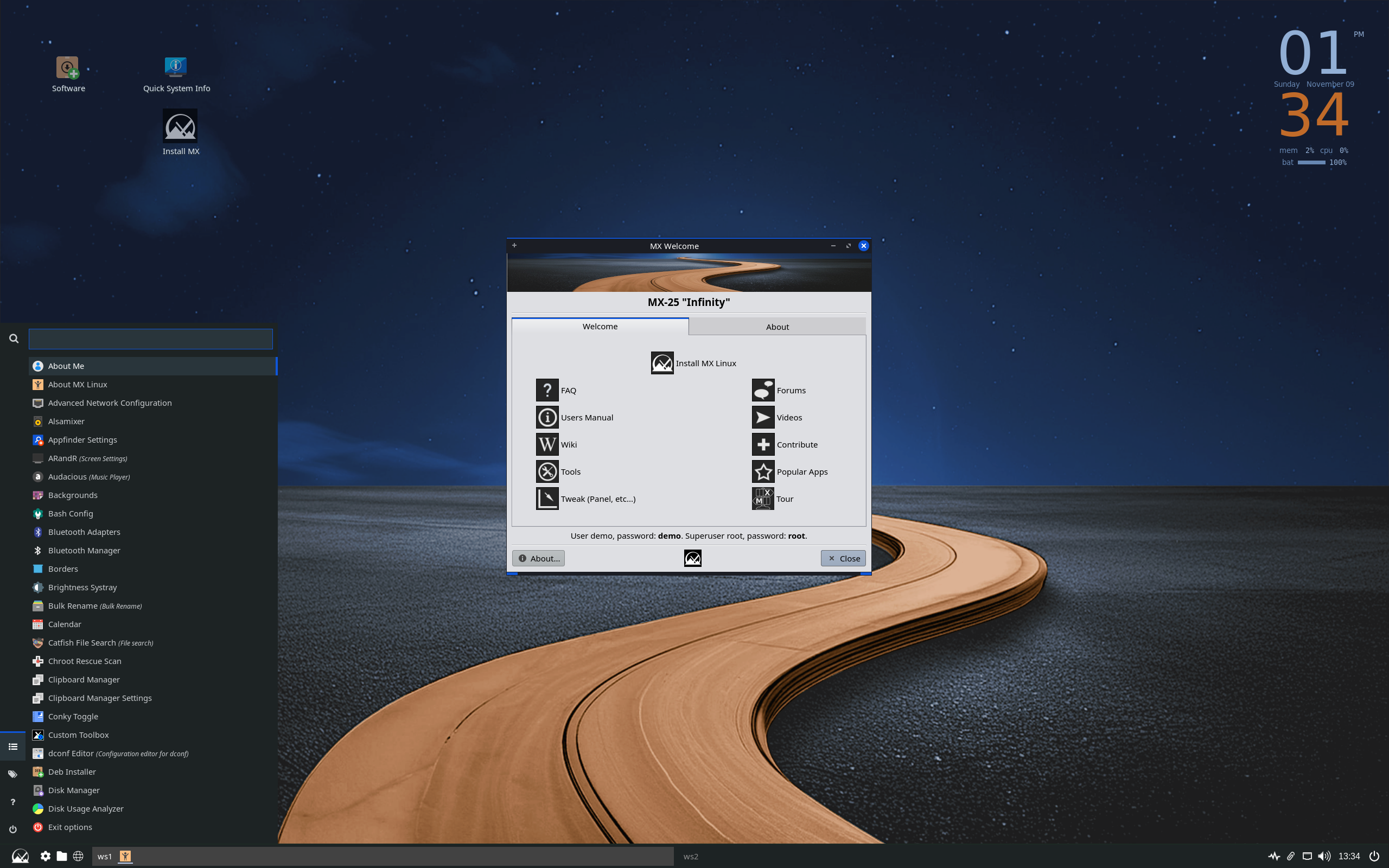 MX Linux desktop screenshot: 25 fluxbox