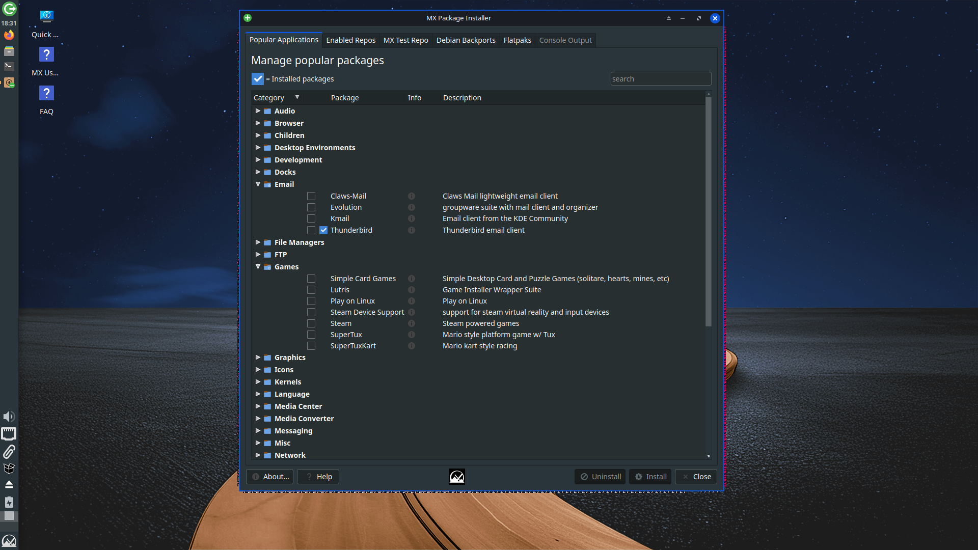 MX Linux desktop screenshot: 25 installer