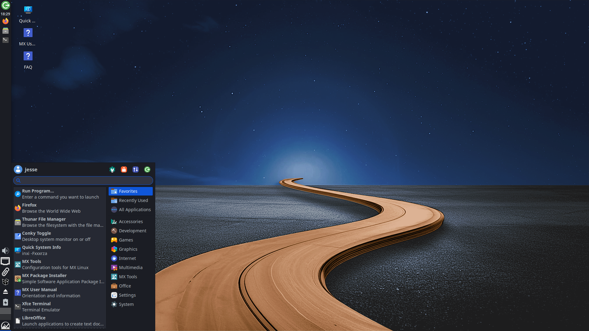 MX Linux desktop screenshot: 25 menu