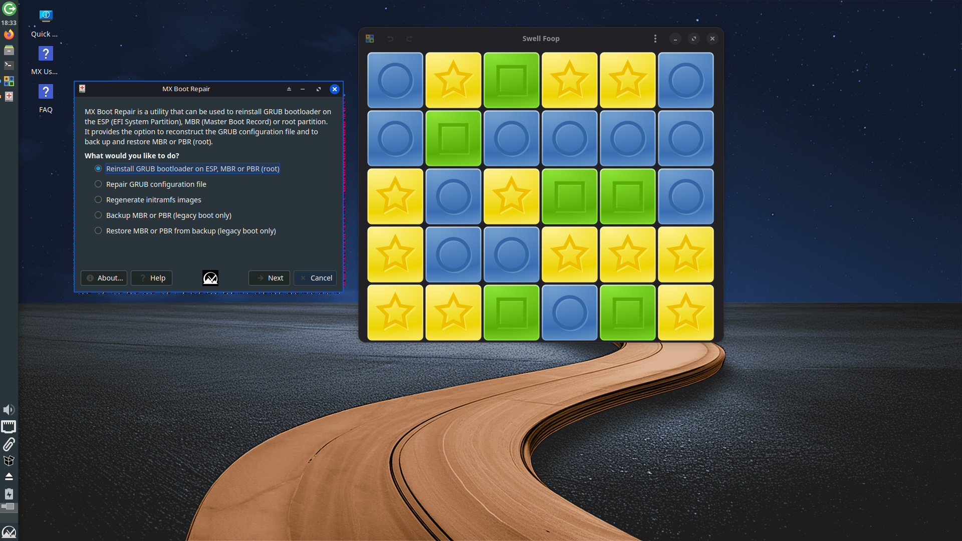 MX Linux desktop screenshot: 25 repair