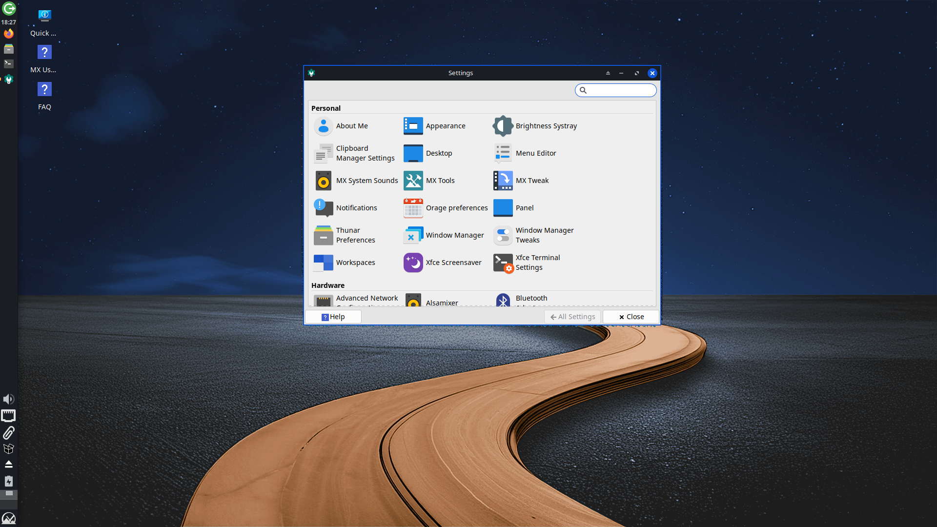 MX Linux desktop screenshot: 25 settings