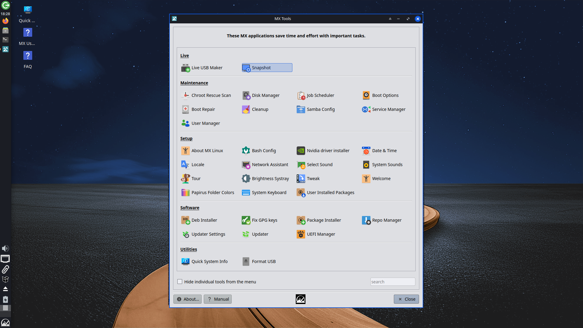 MX Linux desktop screenshot: 25 tools