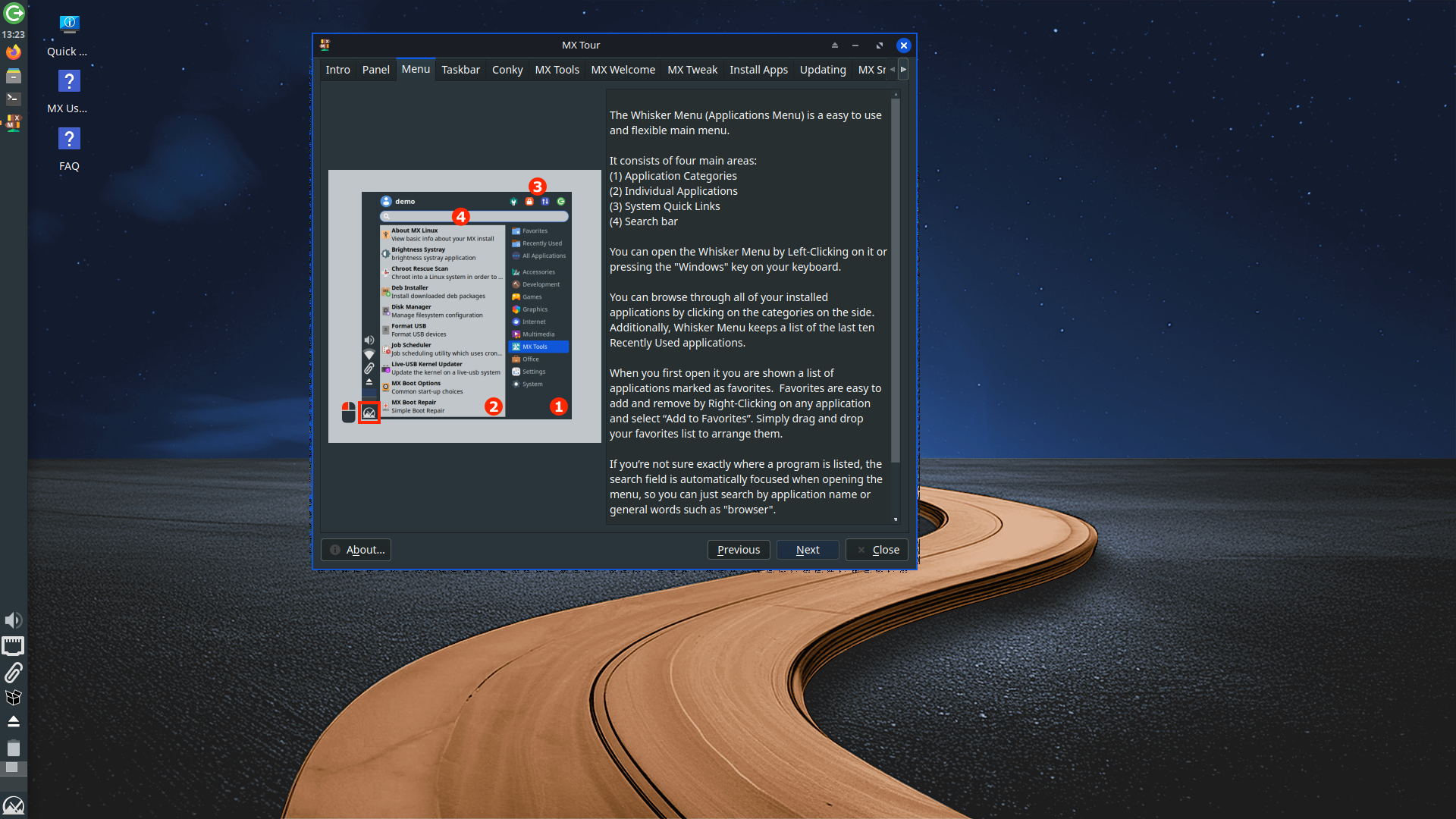 MX Linux desktop screenshot: 25 tour