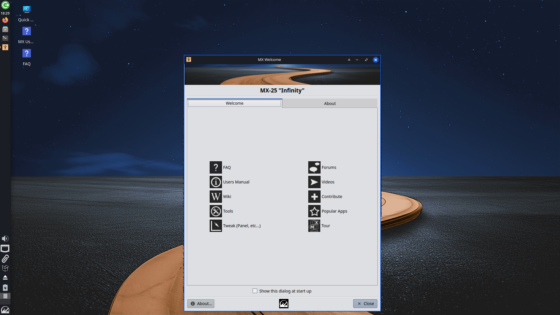 MX Linux desktop screenshot: 25 welcome