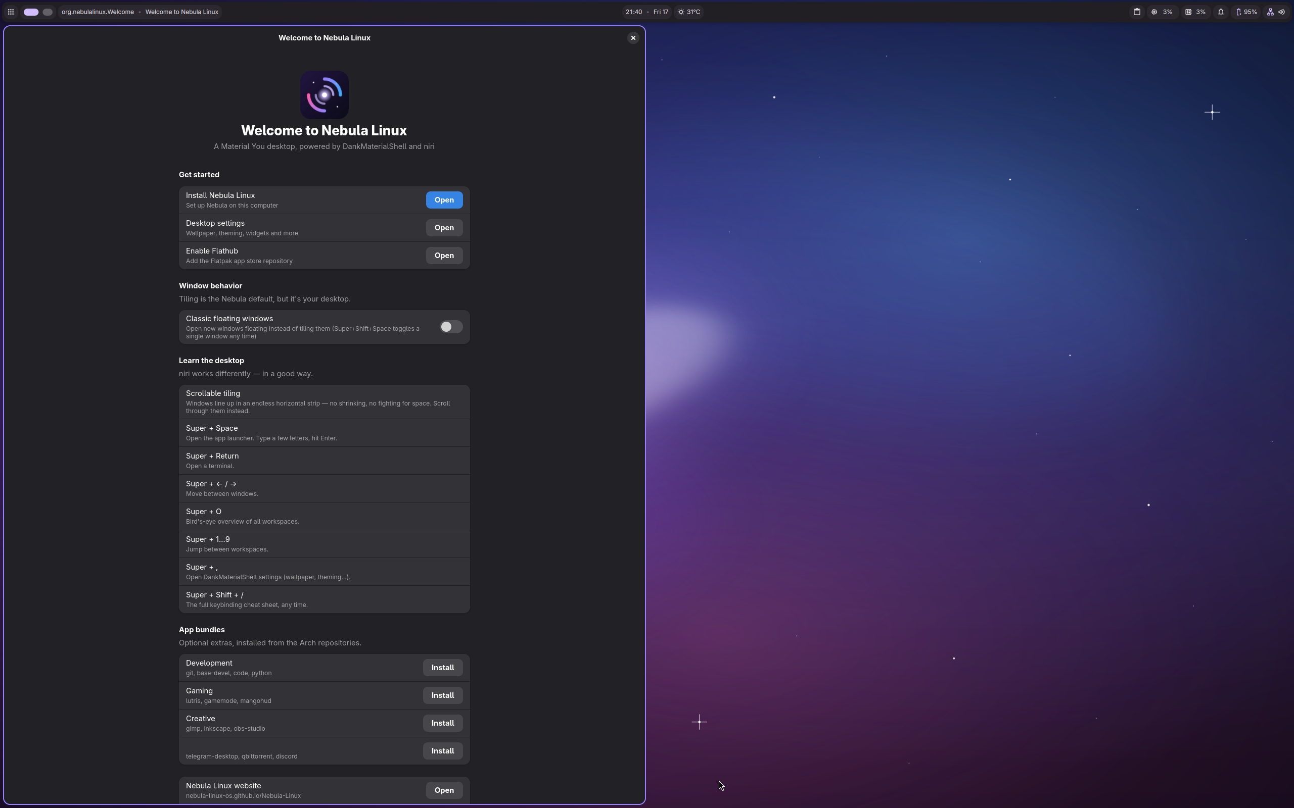 Nebula desktop screenshot: 2026.07.16 niri