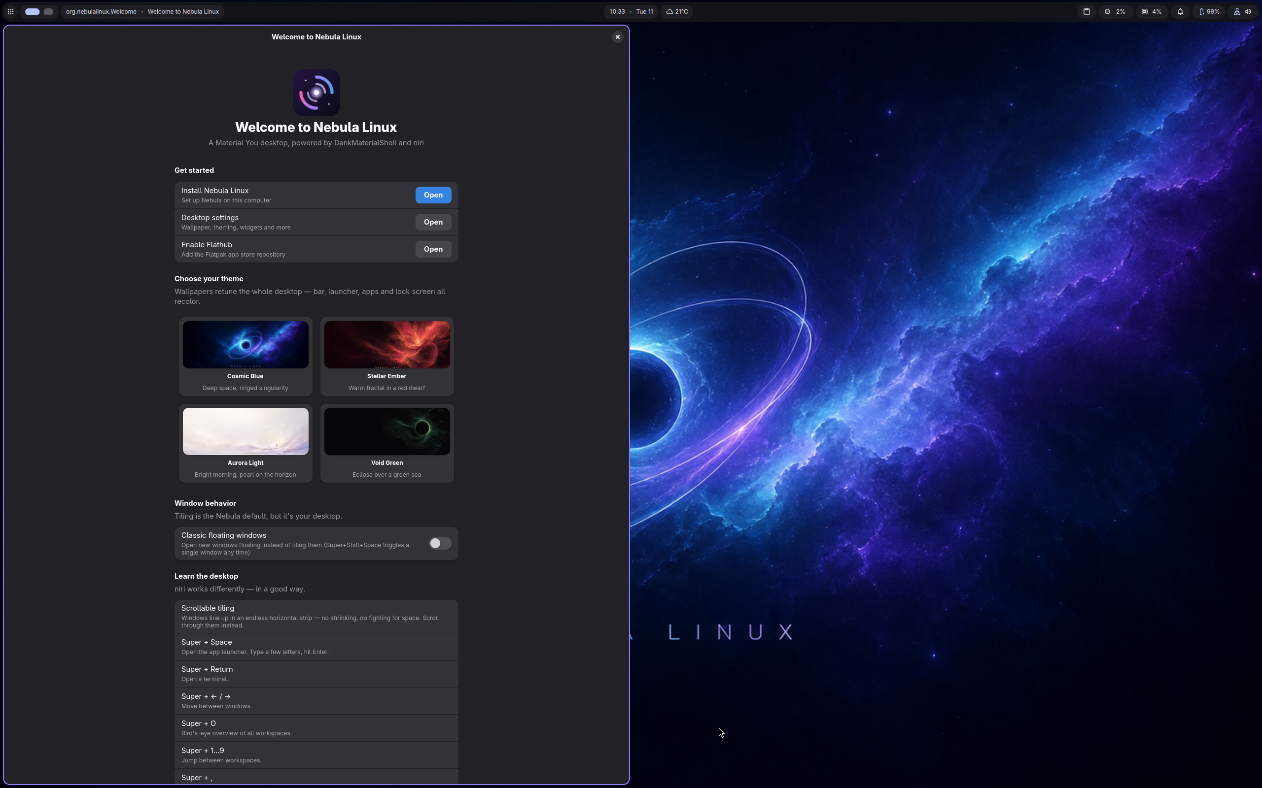 Nebula desktop screenshot: 2026.08.11 welcome