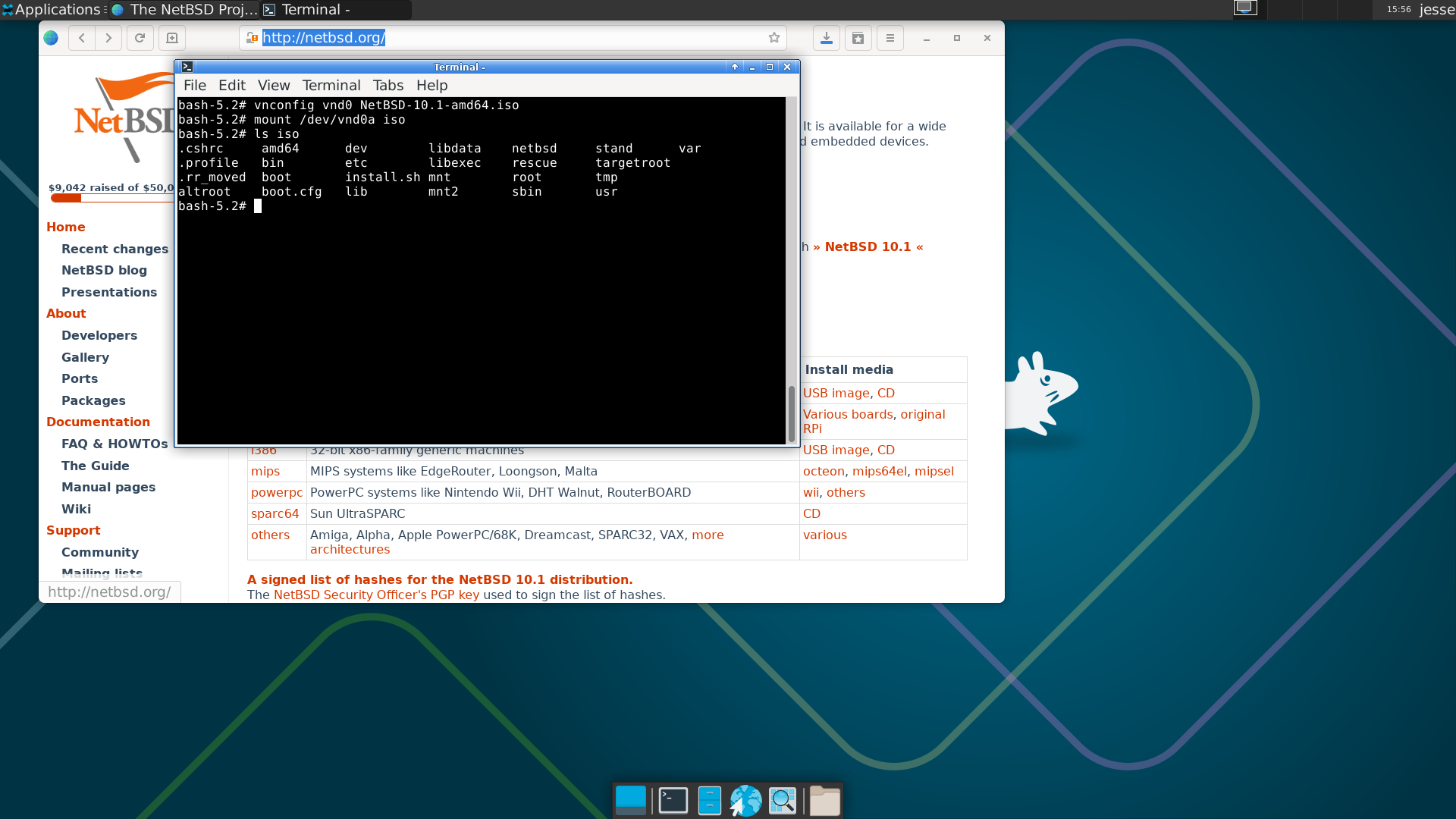 NetBSD desktop screenshot: 10.1 mount iso