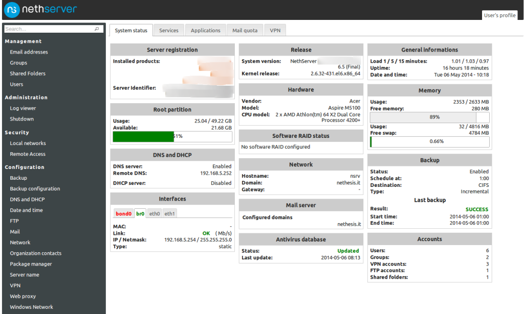 NethServer desktop screenshot: 6.5