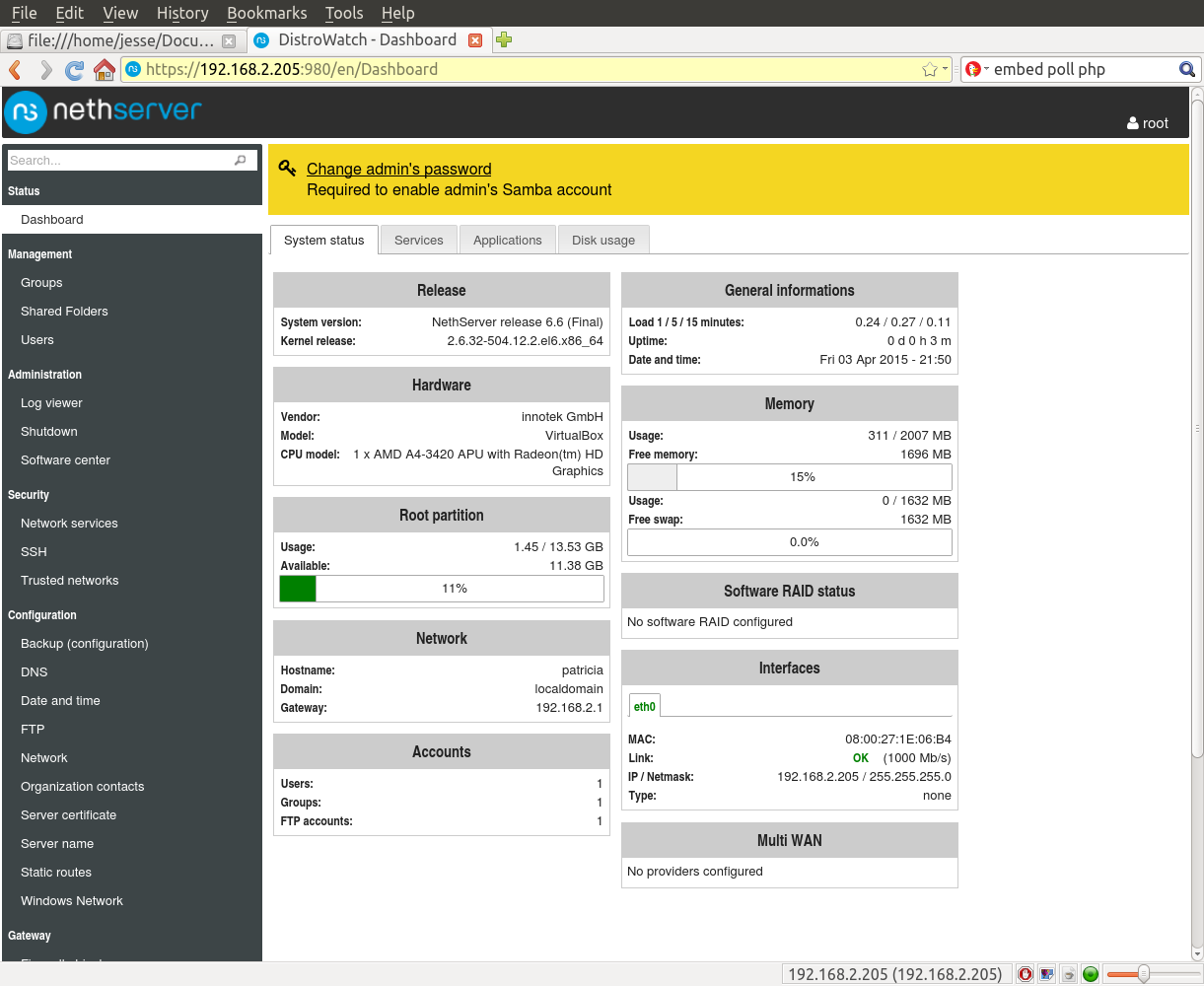 NethServer desktop screenshot: 6.6 dashboard