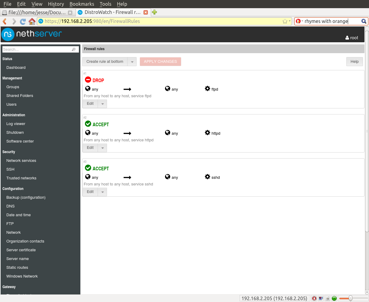 NethServer desktop screenshot: 6.6 firewall
