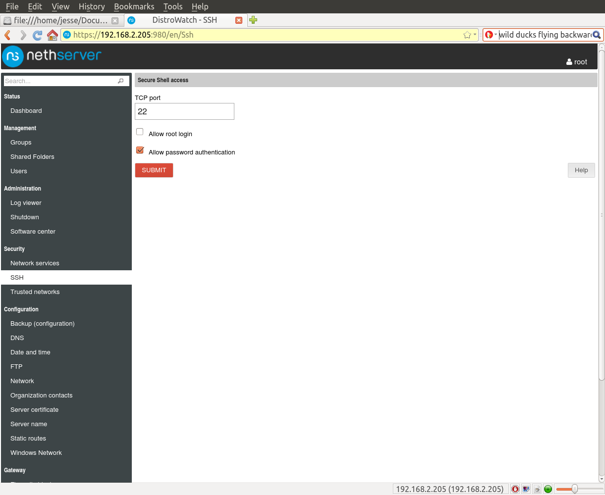 NethServer desktop screenshot: 6.6 openssh