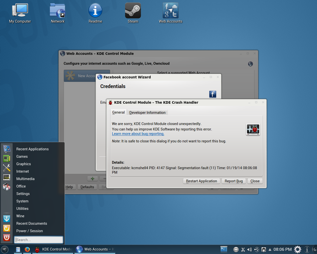 Netrunner desktop screenshot: 13.12 web accounts