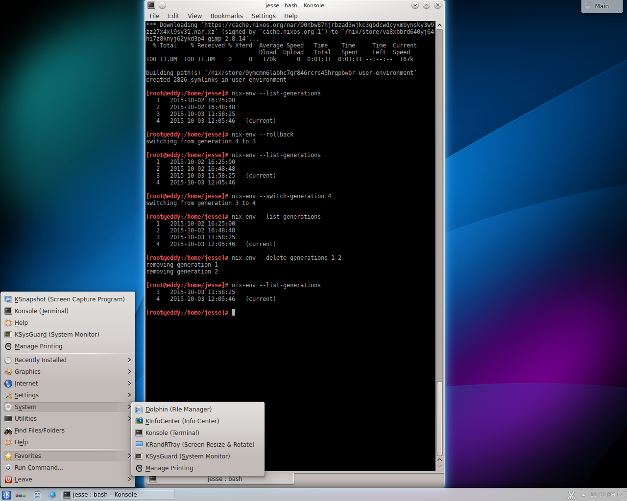 NixOS desktop screenshot: 15.09 generations