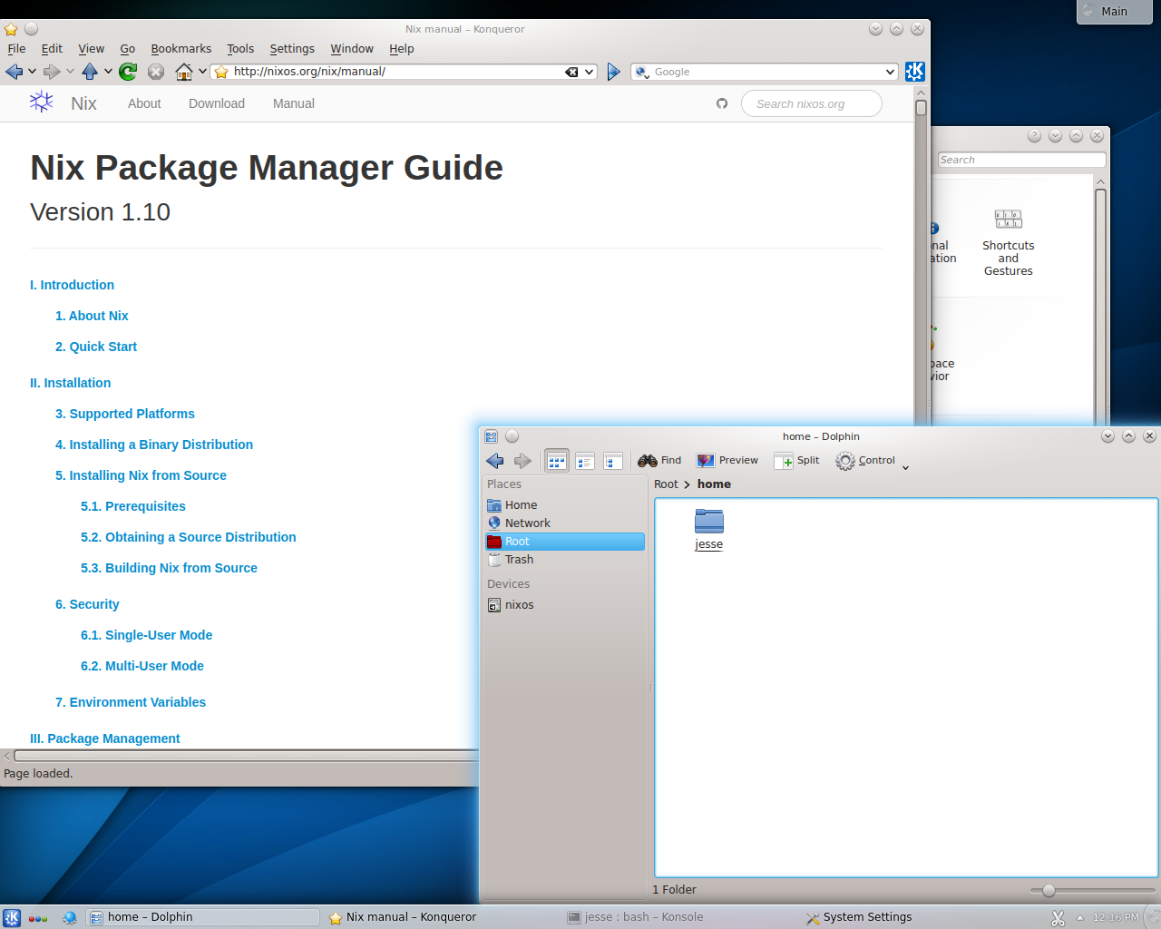 NixOS desktop screenshot: 15.09 manual