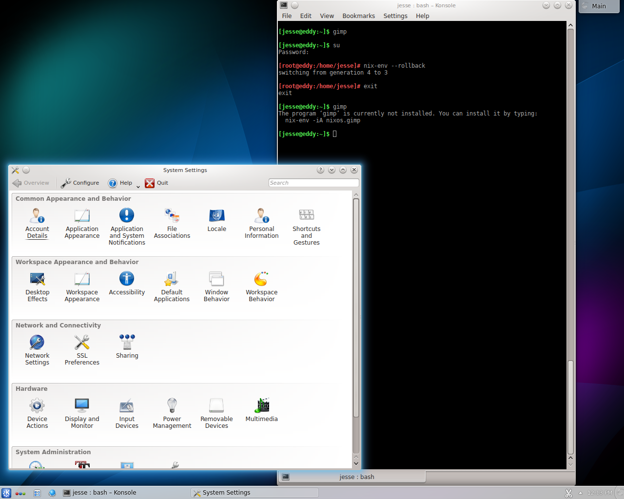 NixOS desktop screenshot: 15.09 rollback