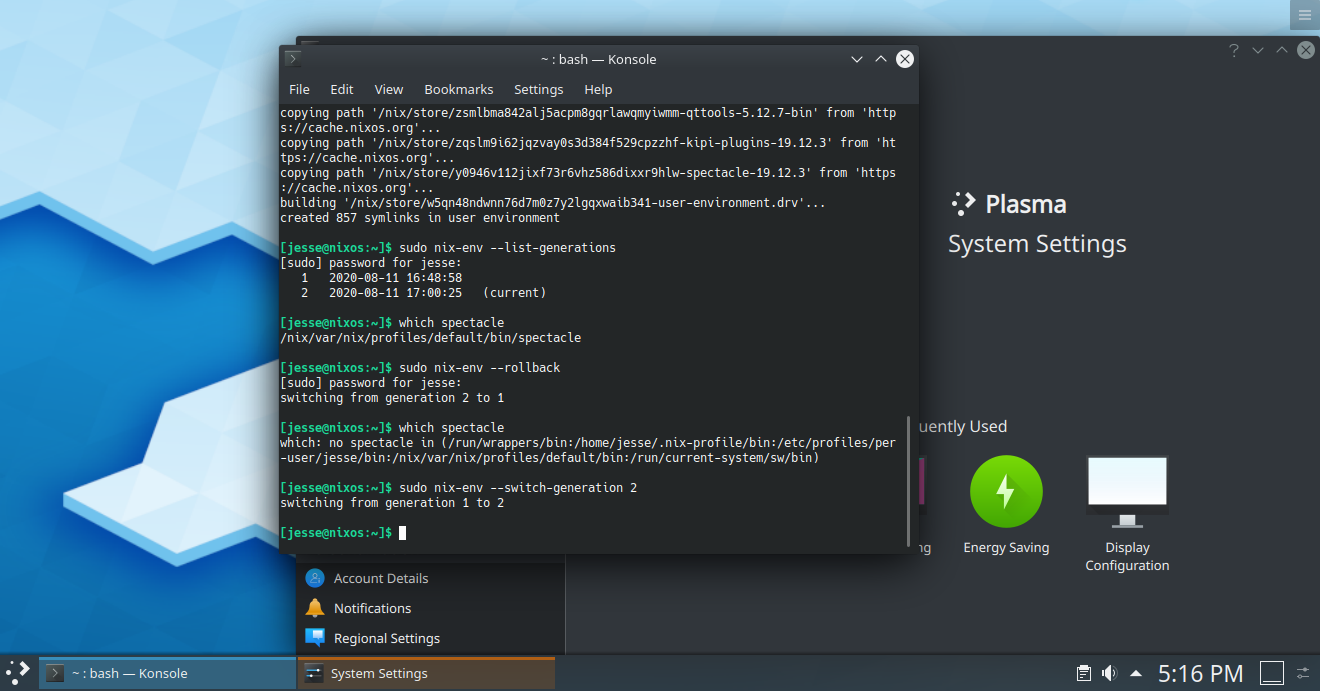NixOS desktop screenshot: 20.03 generations