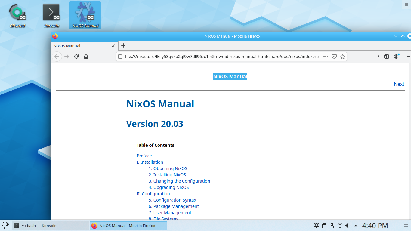 NixOS desktop screenshot: 20.03 manual