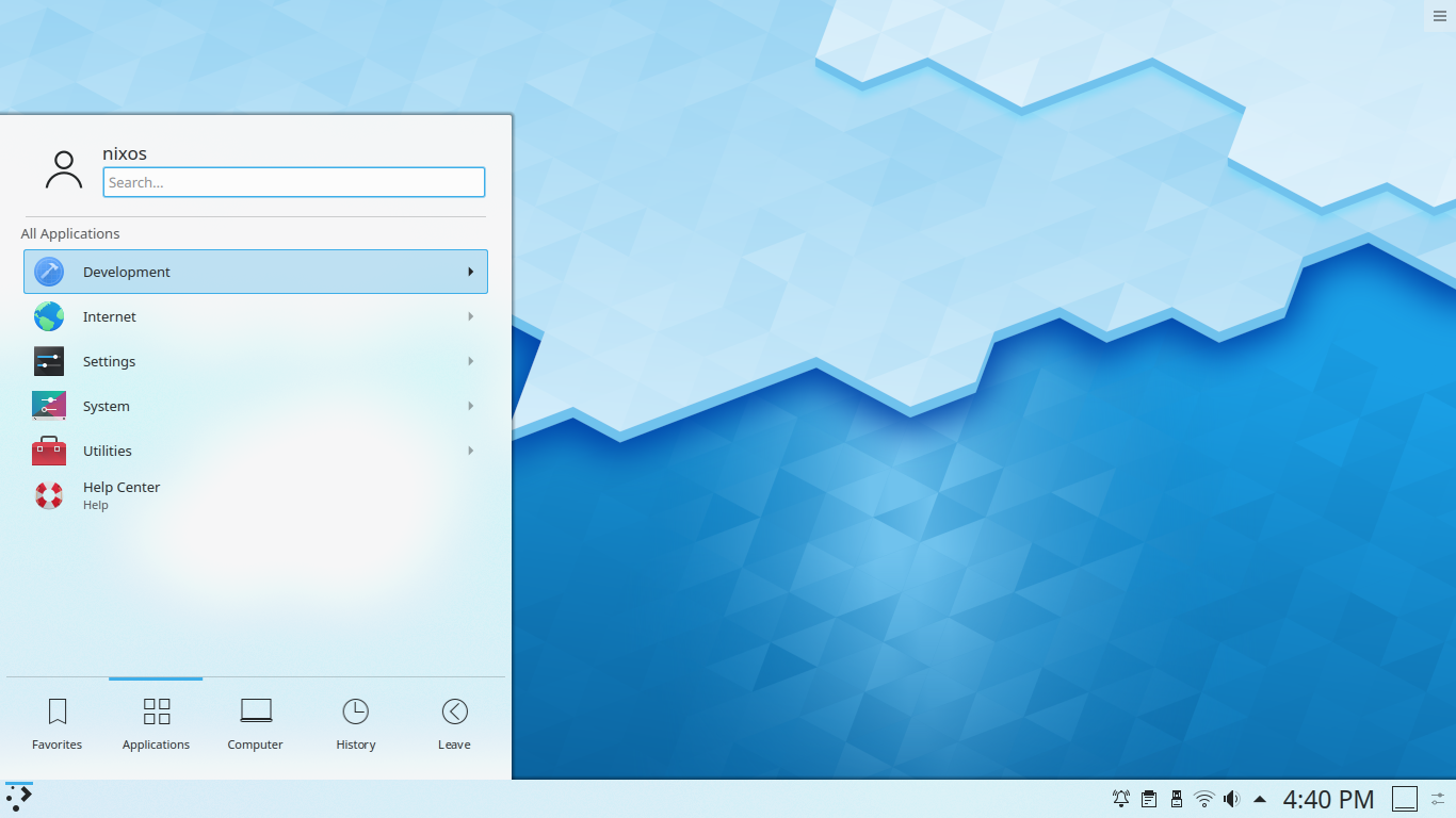 NixOS desktop screenshot: 20.03 menu