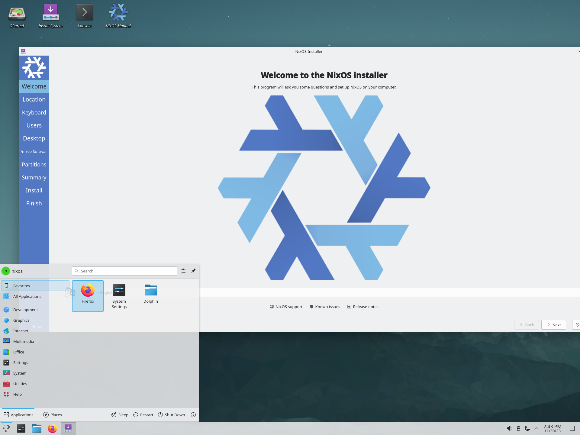 NixOS desktop screenshot: 23.11