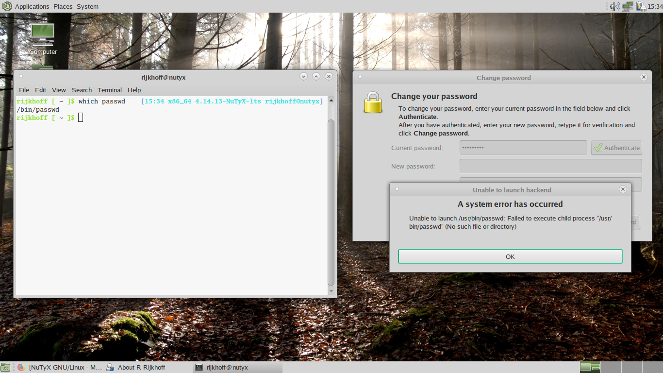 NuTyX desktop screenshot: 10.0 changing password